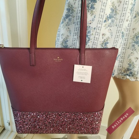 KATE SPADE PENNY GLITTER GRETA TOTE CHERRYWOOD - Picture 2 of 10